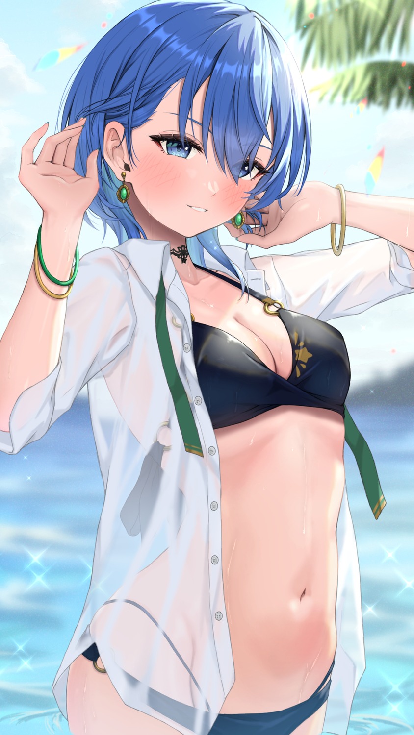 bikini, bowsan, hololive, hoshimachi_suisei, open_shirt, see_through, swimsuits