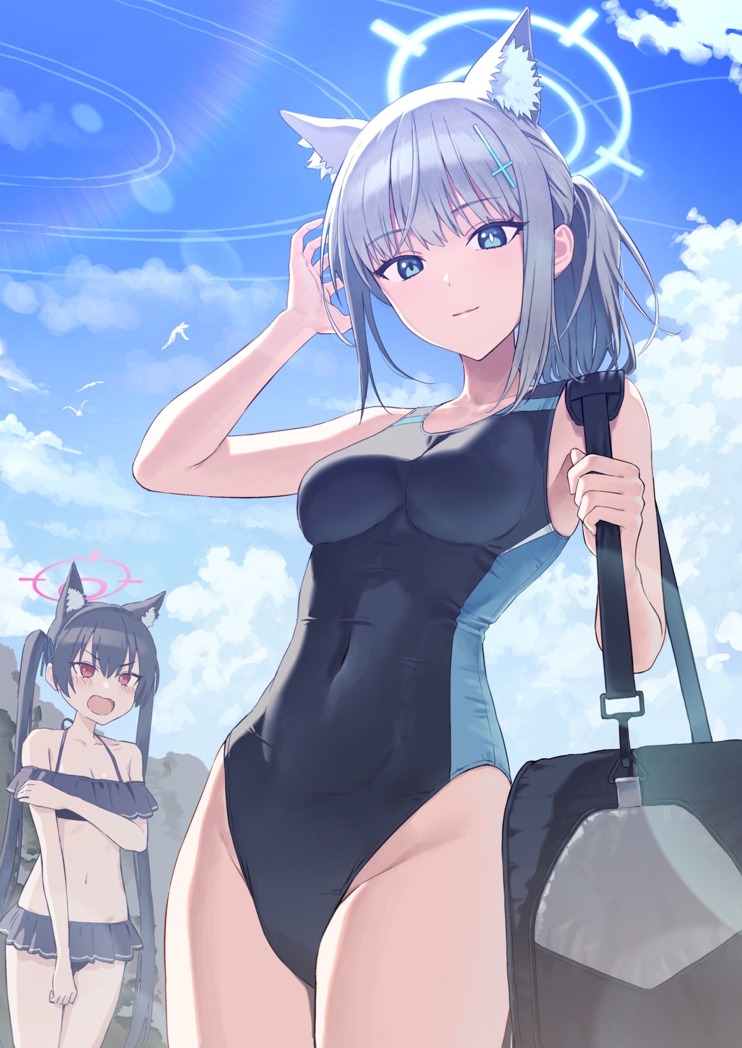 animal_ears, bikini, blue_archive, halo, kuromi_serika, nekomimi, sunaookami_shiroko, swimsuits