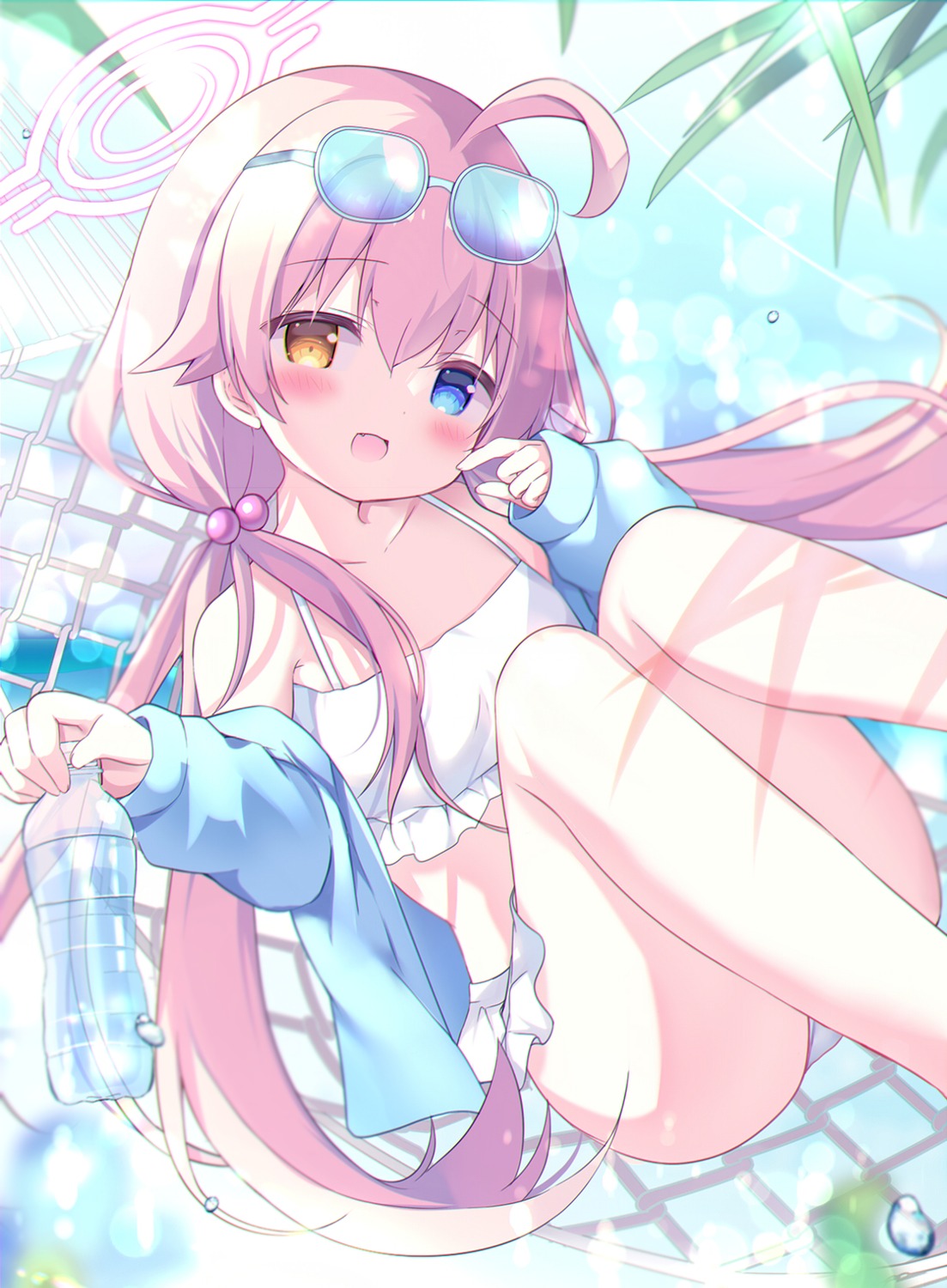 azumi_kazuki, bikini, blue_archive, halo, heterochromia, megane, open_shirt, skirt_lift, swimsuits, takanashi_hoshino