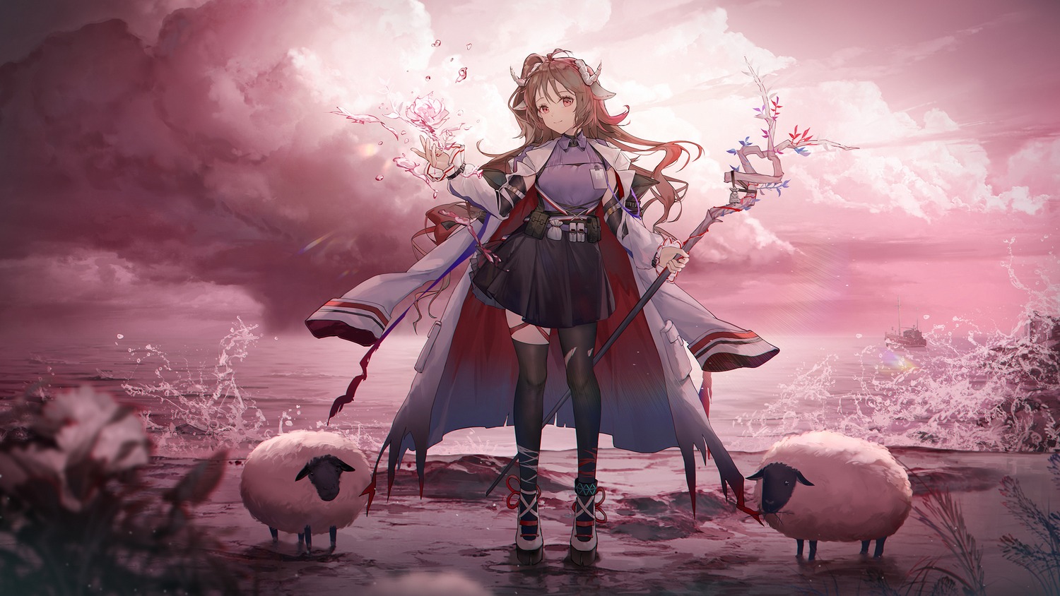animal_ears, arknights, eyjafjalla_(arknights), garter, horns, thighhighs, torn_clothes, wallpaper