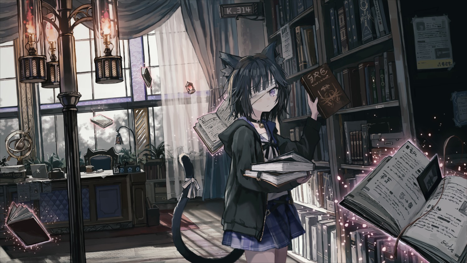animal_ears, bandages, eyepatch, indie_virtual_youtuber, kurose_kiri, nekomimi, scyze, seifuku, tail