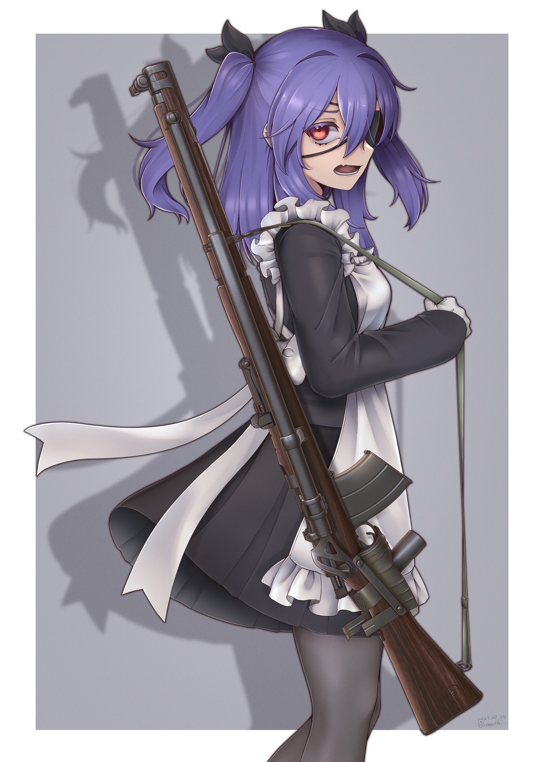 eyepatch, gun, maid, pantyhose, paravene