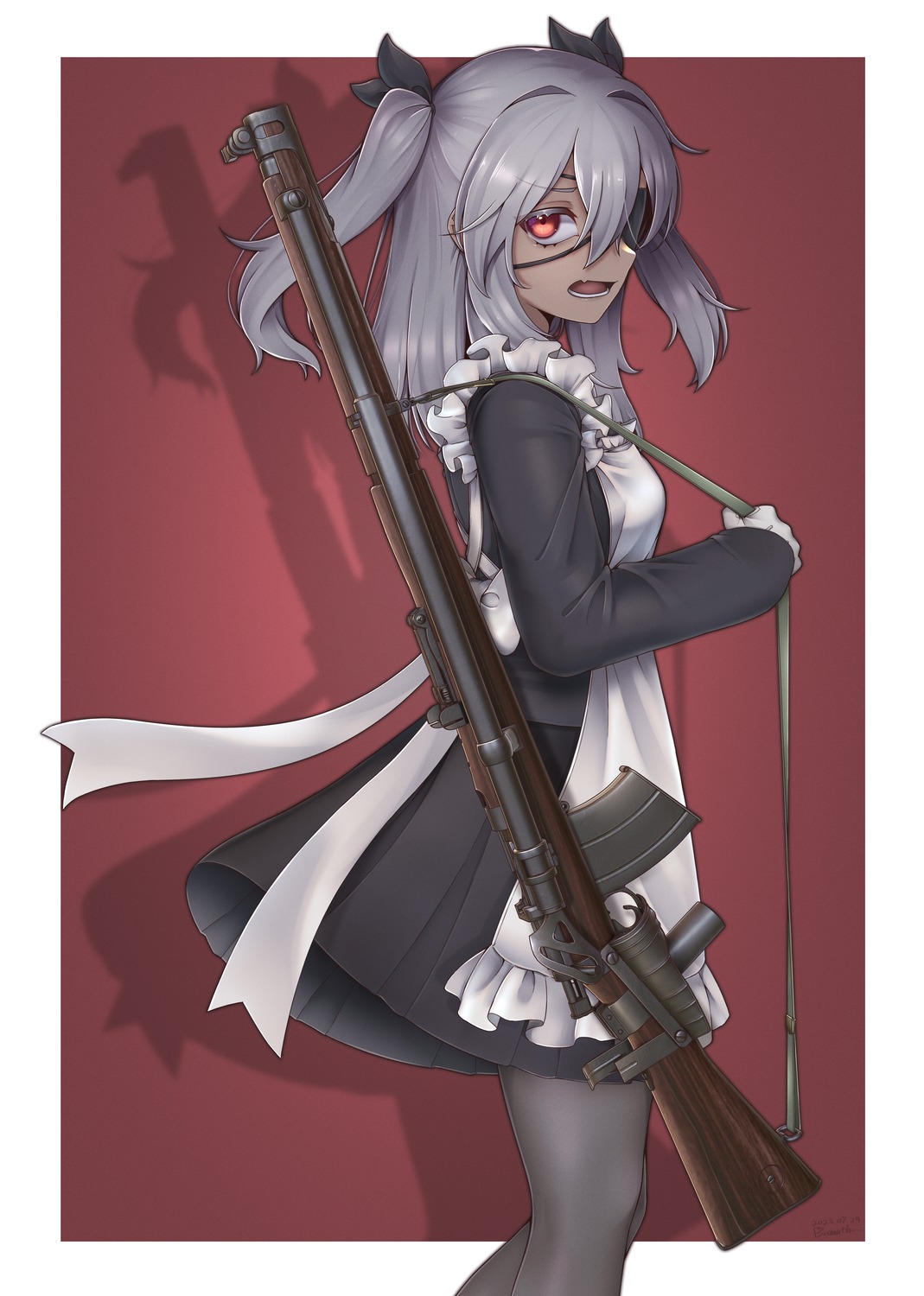 eyepatch, gun, maid, pantyhose, paravene