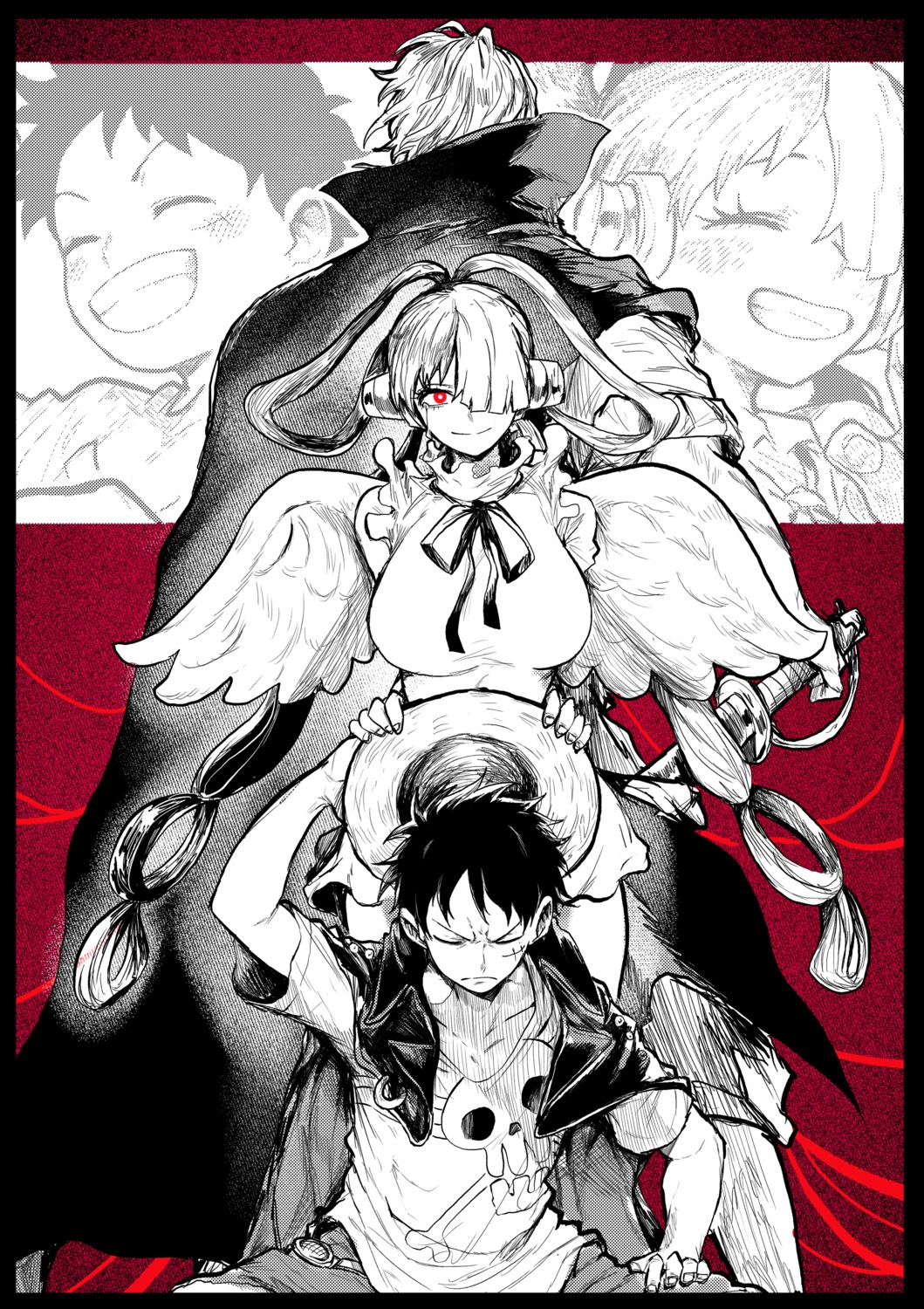 dress, monkey_d_luffy, monochrome, one_piece, one_piece_film:_red, shanks, sword, uta_(one_piece)