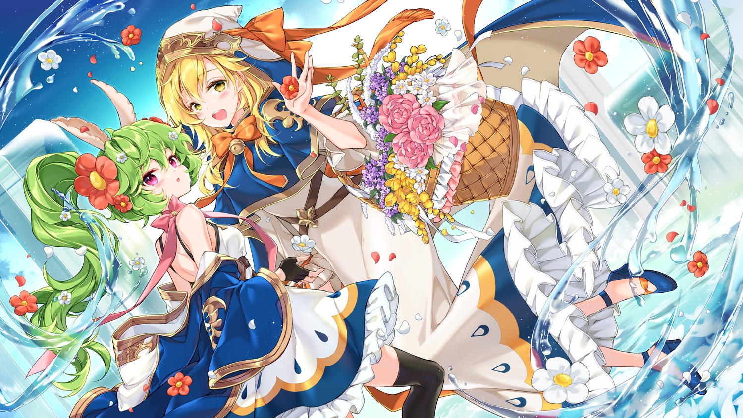 animal_ears, dress, guardian_tales, heels, juna, thighhighs, wallpaper, wet