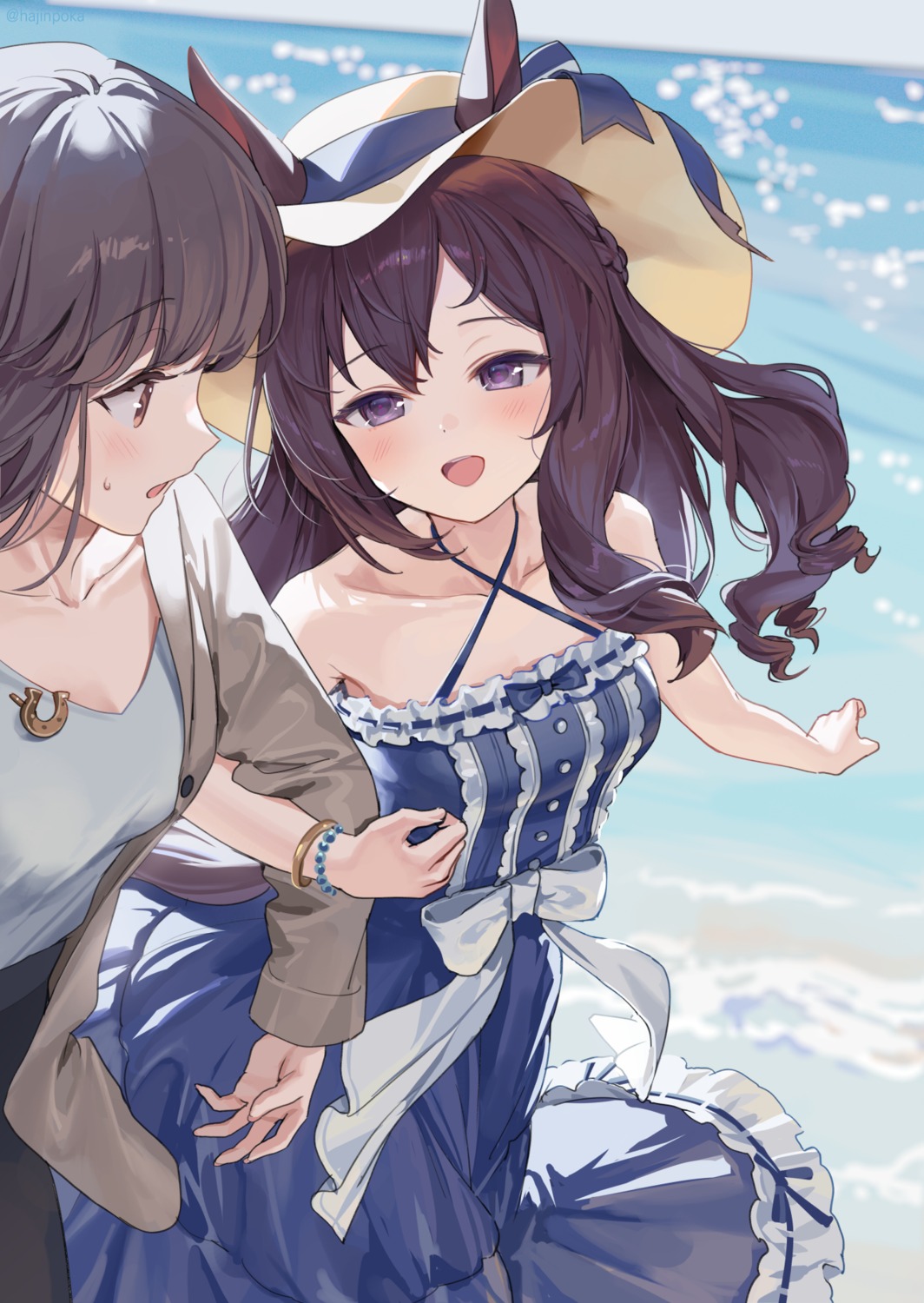 animal_ears, dress, female_trainer_(umamusume), hajin, mejiro_dober_(umamusume), no_bra, summer_dress, tail, uma_musume_pretty_derby, yuri