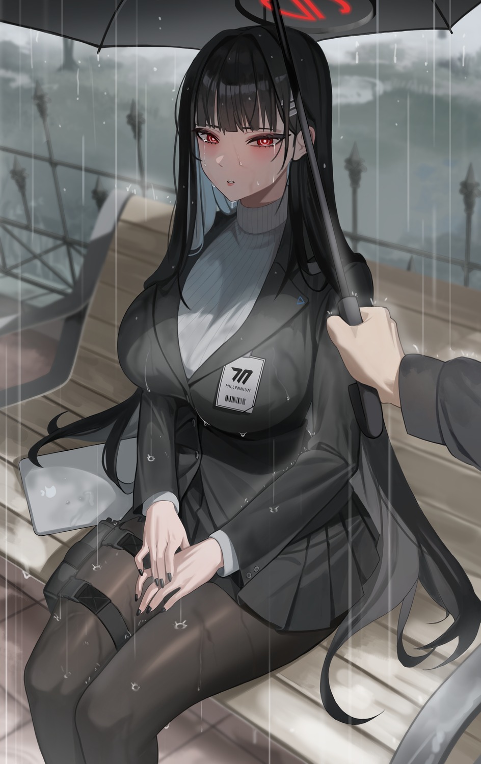 blue_archive, business_suit, ddog, garter, halo, pantyhose, sweater, tsukatsuki_rio, umbrella, wet