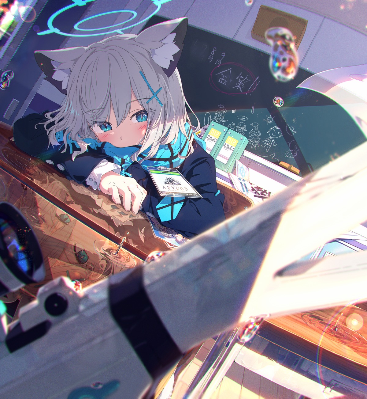 animal_ears, blue_archive, gun, halo, nekomimi, ogipote, seifuku, sunaookami_shiroko