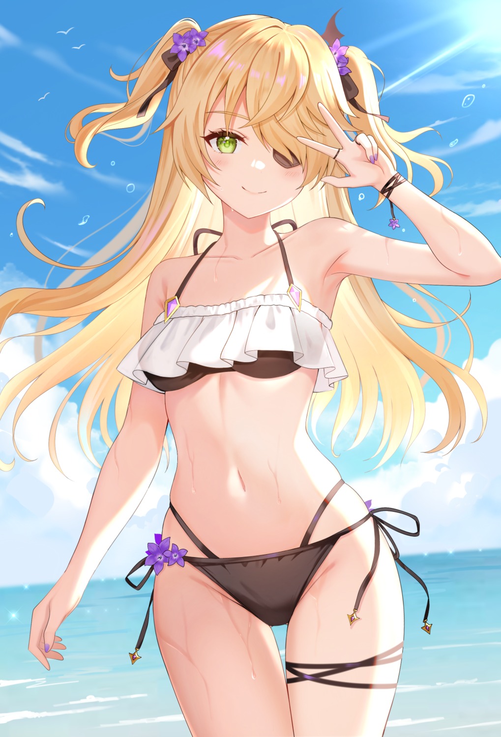 bikini, eyepatch, fischl, garter, genshin_impact, nasii, see_through, swimsuits