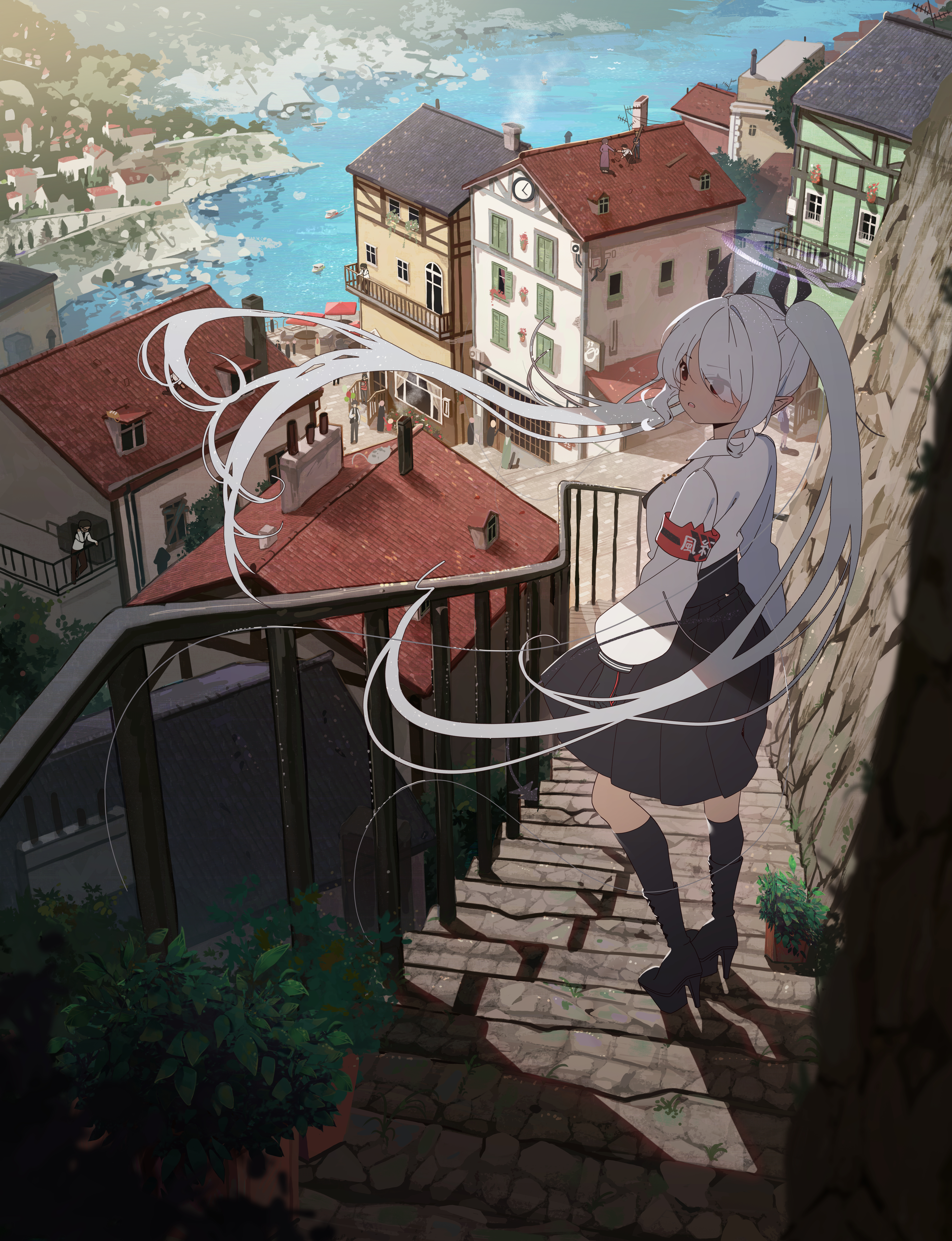 blue_archive, daikazoku63, halo, heels, landscape, pointy_ears, seifuku, shiromi_iori