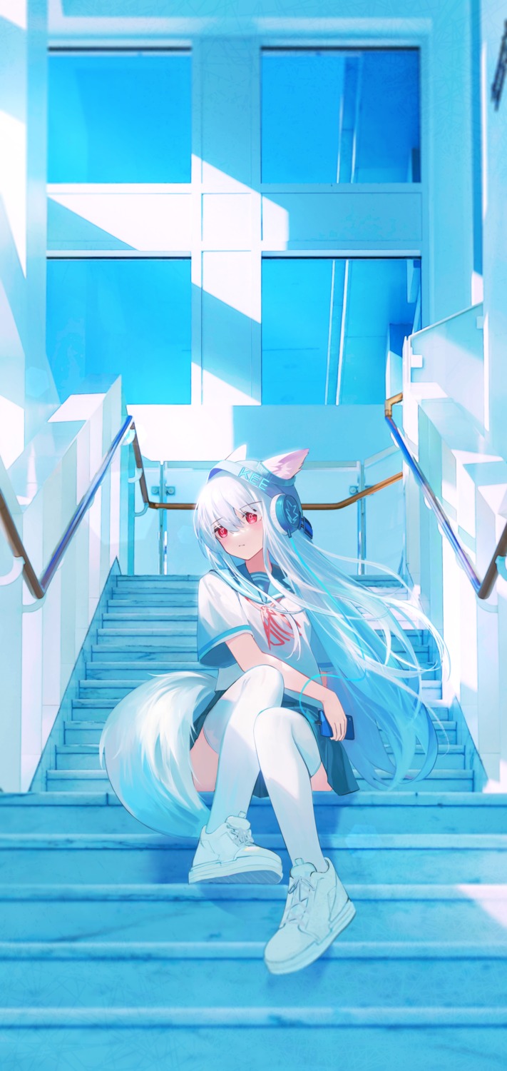 animal_ears, arknights, flippy_(cripine111), frostleaf_(arknights), headphones, seifuku, tail, thighhighs