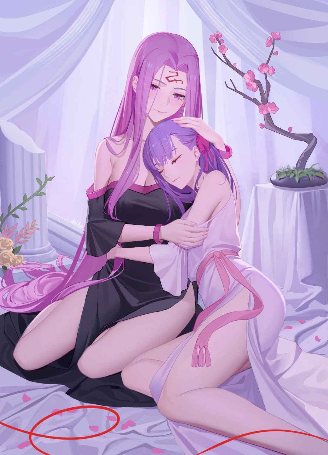 dress, drid, fate/grand_order, fate/stay_night, matou_sakura, medusa_(fate), no_bra, tattoo