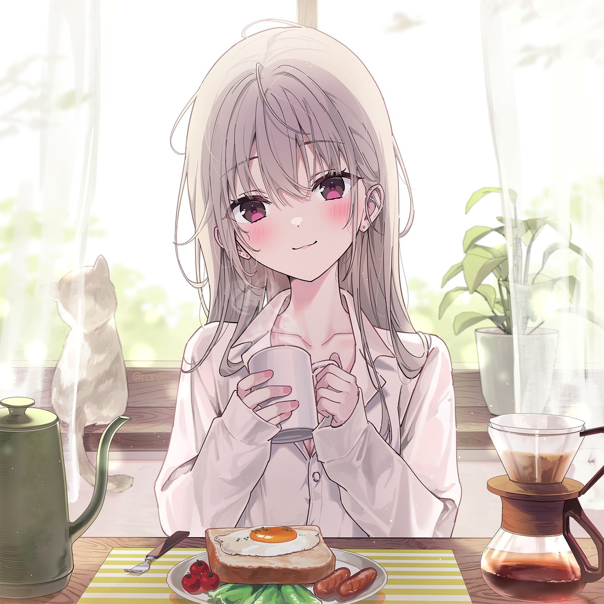 cleavage, dress_shirt, neko, open_shirt, ran9u
