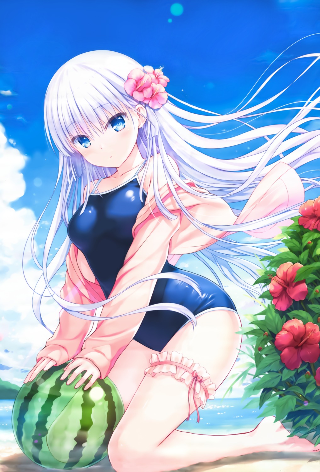 garter, key, na-ga, naruse_shiroha, school_swimsuit, summer_pockets, sweater, swimsuits