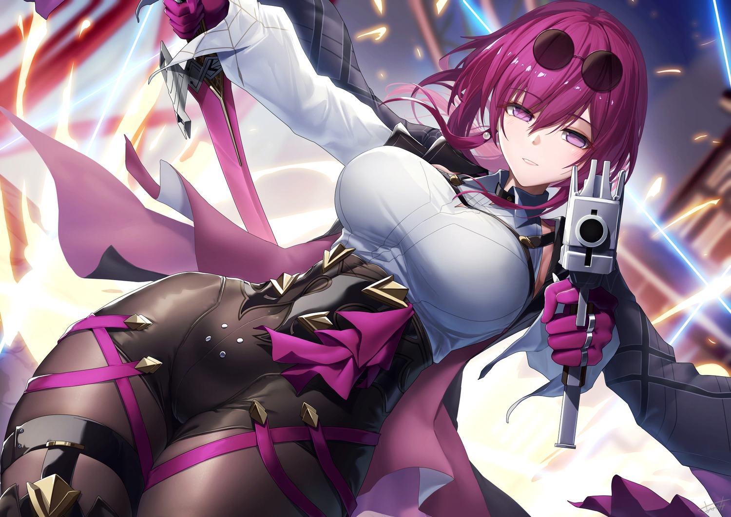 garter, gun, honkai:_star_rail, kafka_(honkai:_star_rail), megane, pantyhose, sword, xfate