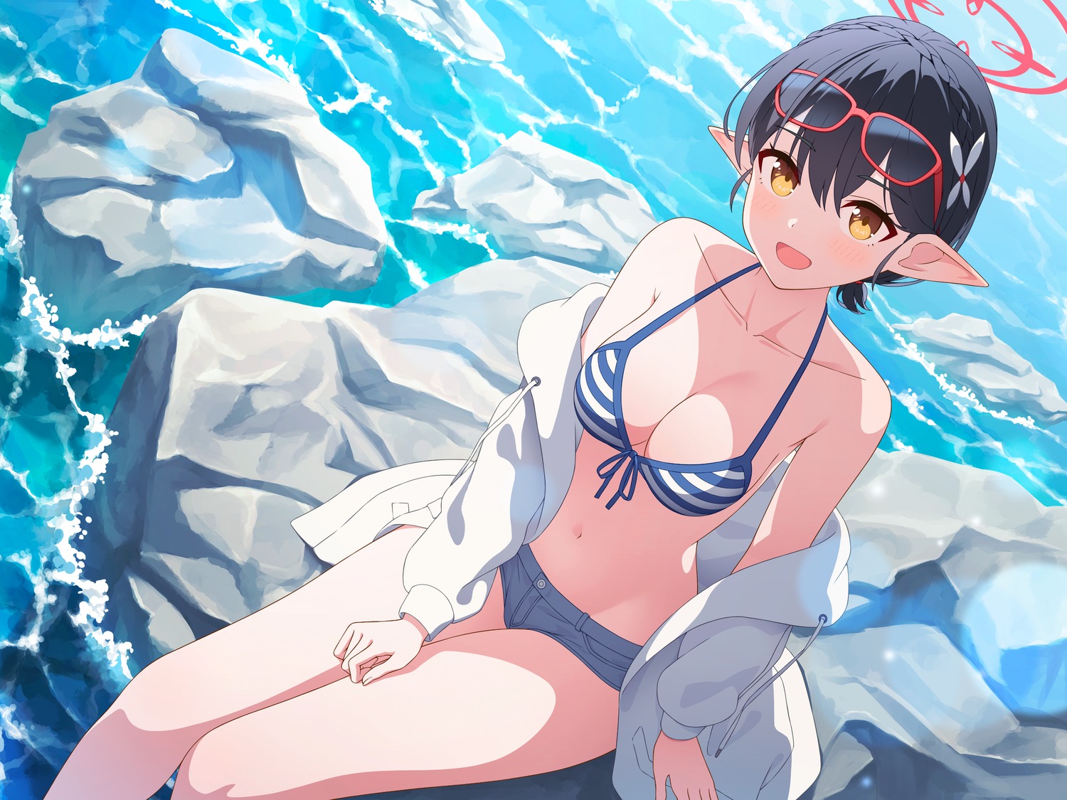 bikini_top, blue_archive, halo, megane, okusora_ayane, open_shirt, pointy_ears, rankebu