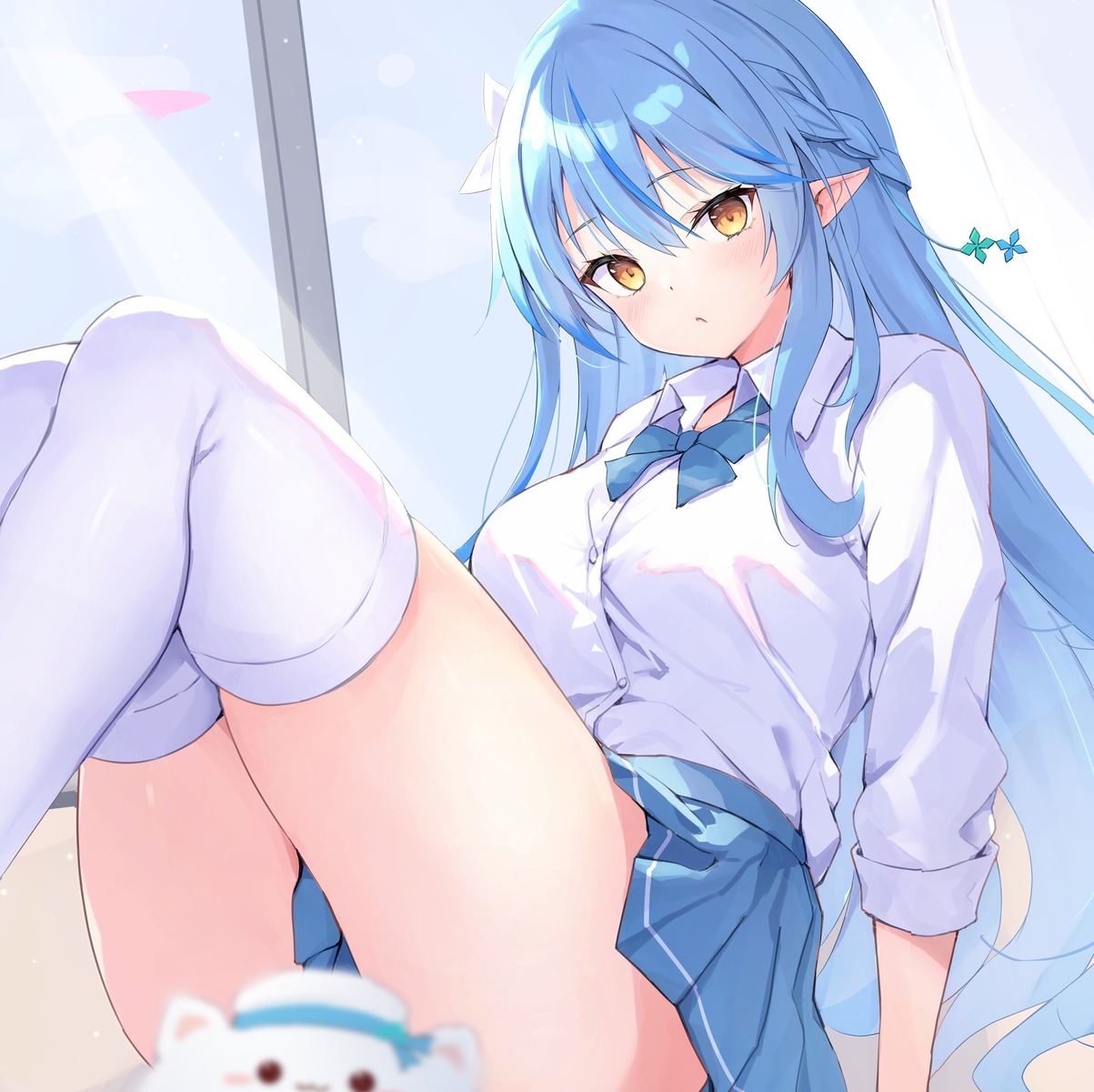 asktyuni, elf, hololive, pointy_ears, seifuku, skirt_lift, thighhighs, yukihana_lamy