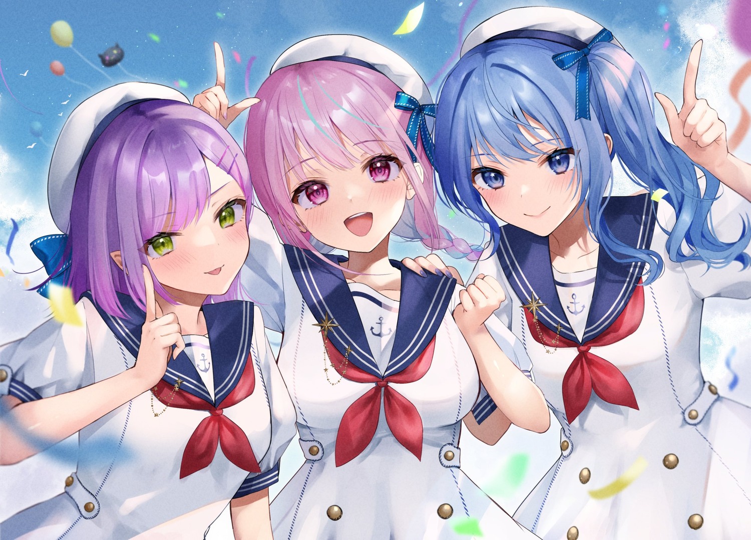 hololive, hoshimachi_suisei, imo_norio, minato_aqua, pointy_ears, seifuku, tokoyami_towa