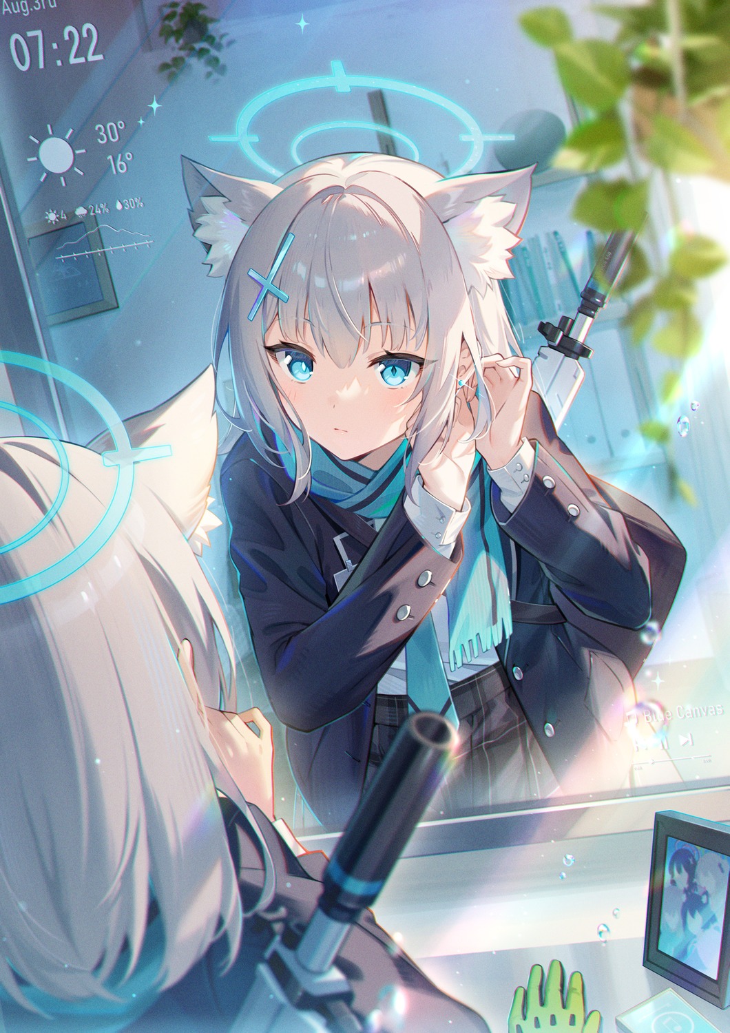 animal_ears, blue_archive, ekita_xuan, gun, halo, nekomimi, seifuku, sunaookami_shiroko