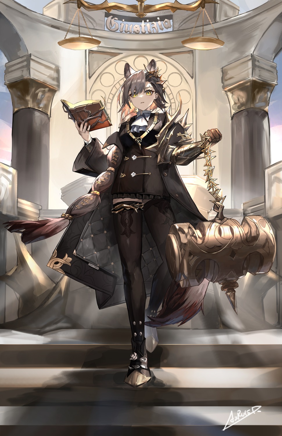 animal_ears, arknights, armor, az'ruler, dress, garter, penance, tail, thighhighs, weapon