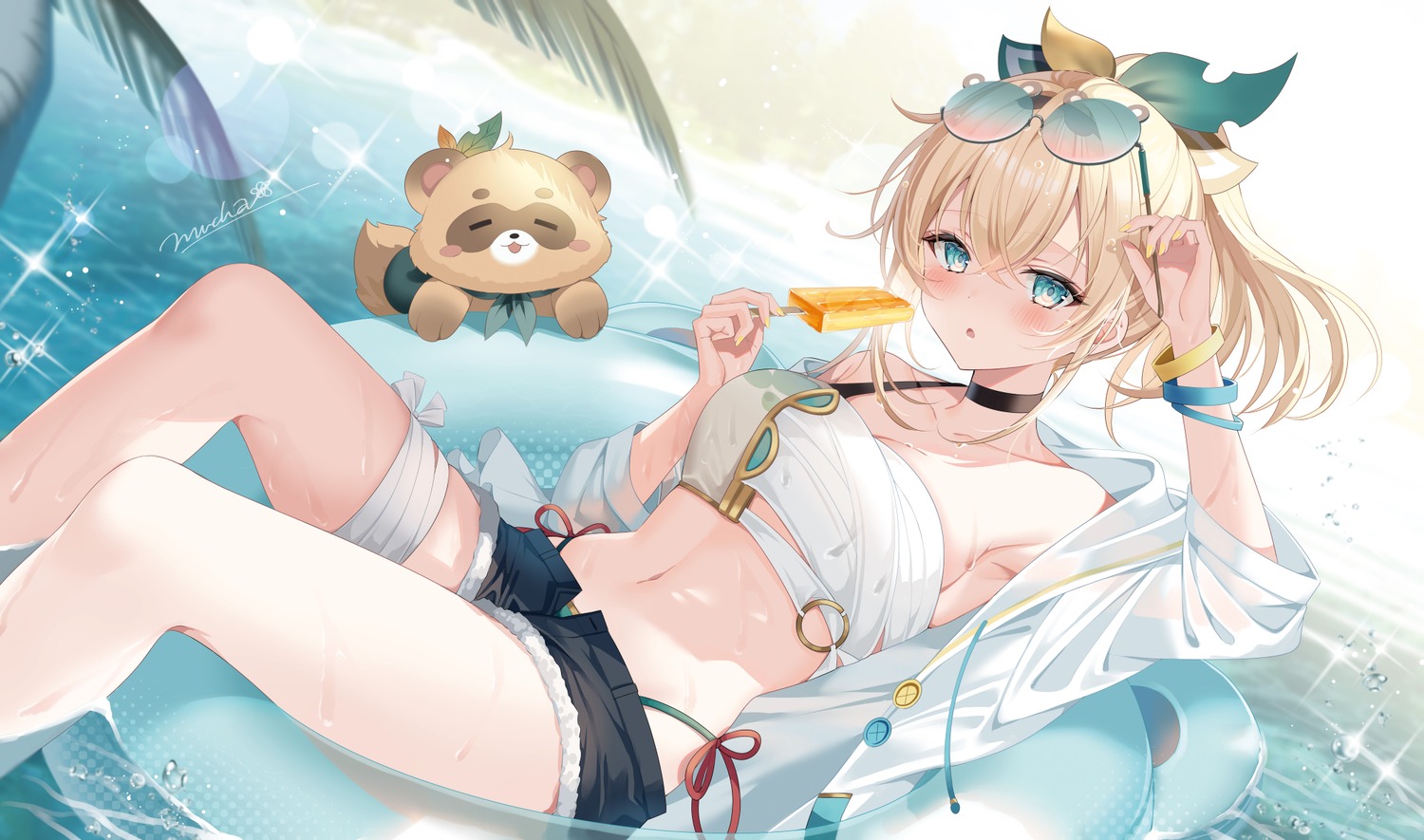 bandages, bikini, hololive, kazama_iroha, megane, myusha, open_shirt, sarashi