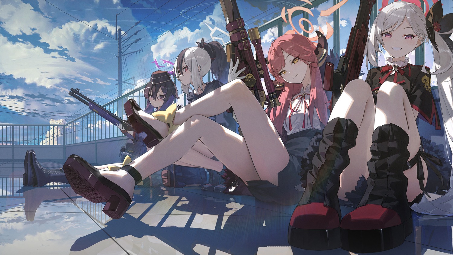 asagi_mutsuki, blue_archive, garter, gun, halo, horns, igusa_haruka, kieed, onikata_kayoko, rikuhachima_aru, uniform, wallpaper