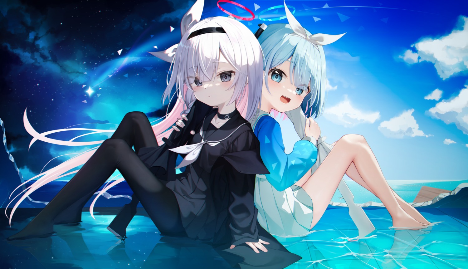 arona_(blue_archive), blue_archive, gun, halo, mannack, pantyhose, plana_(blue_archive), seifuku, umbrella, wet