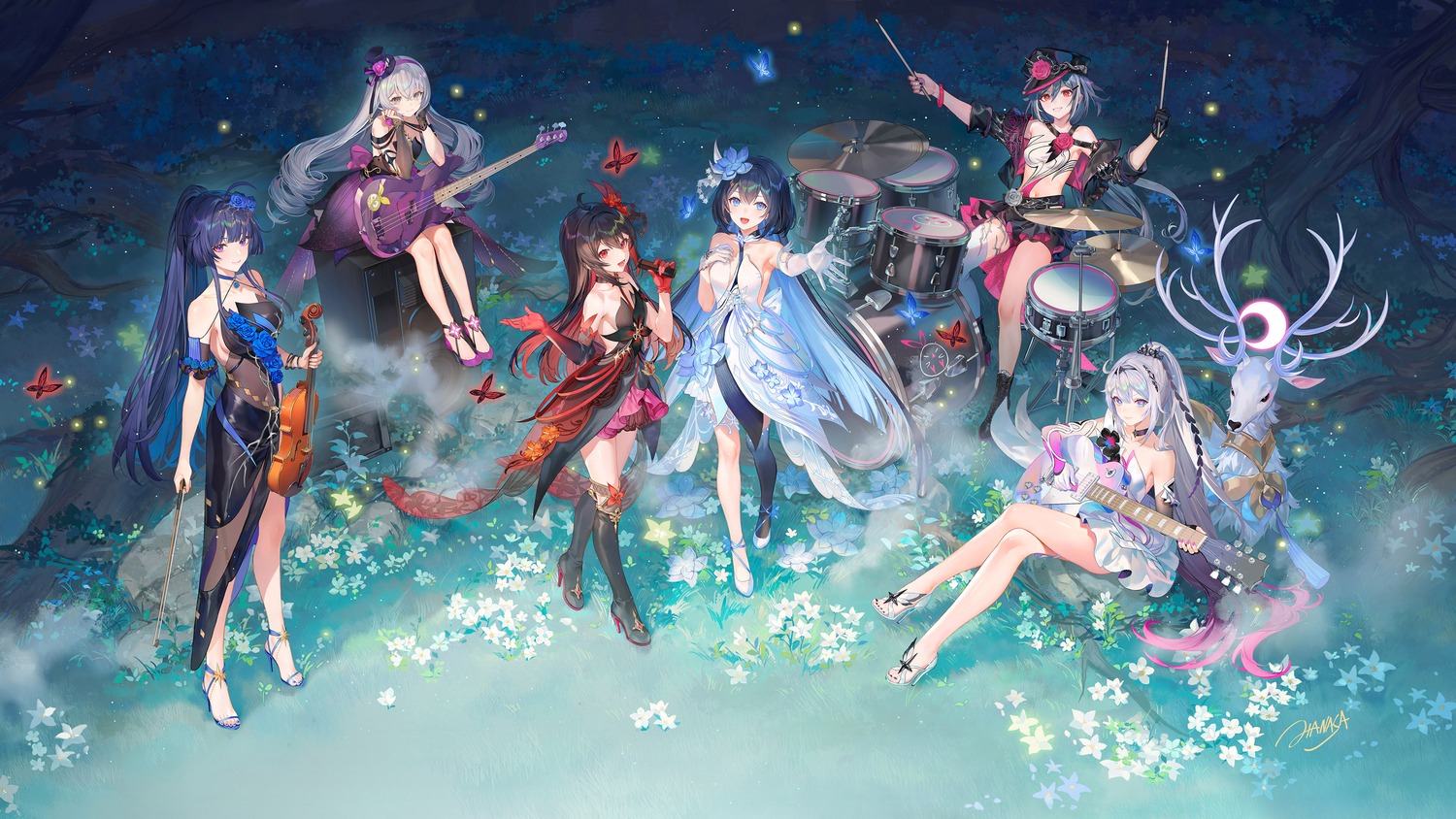 benghuai_xueyuan, bronya_zaychik, criin, dress, fu_hua, guitar, heels, honkai_impact, kiana_kaslana, no_bra, raiden_mei, see_through, seele_vollerei