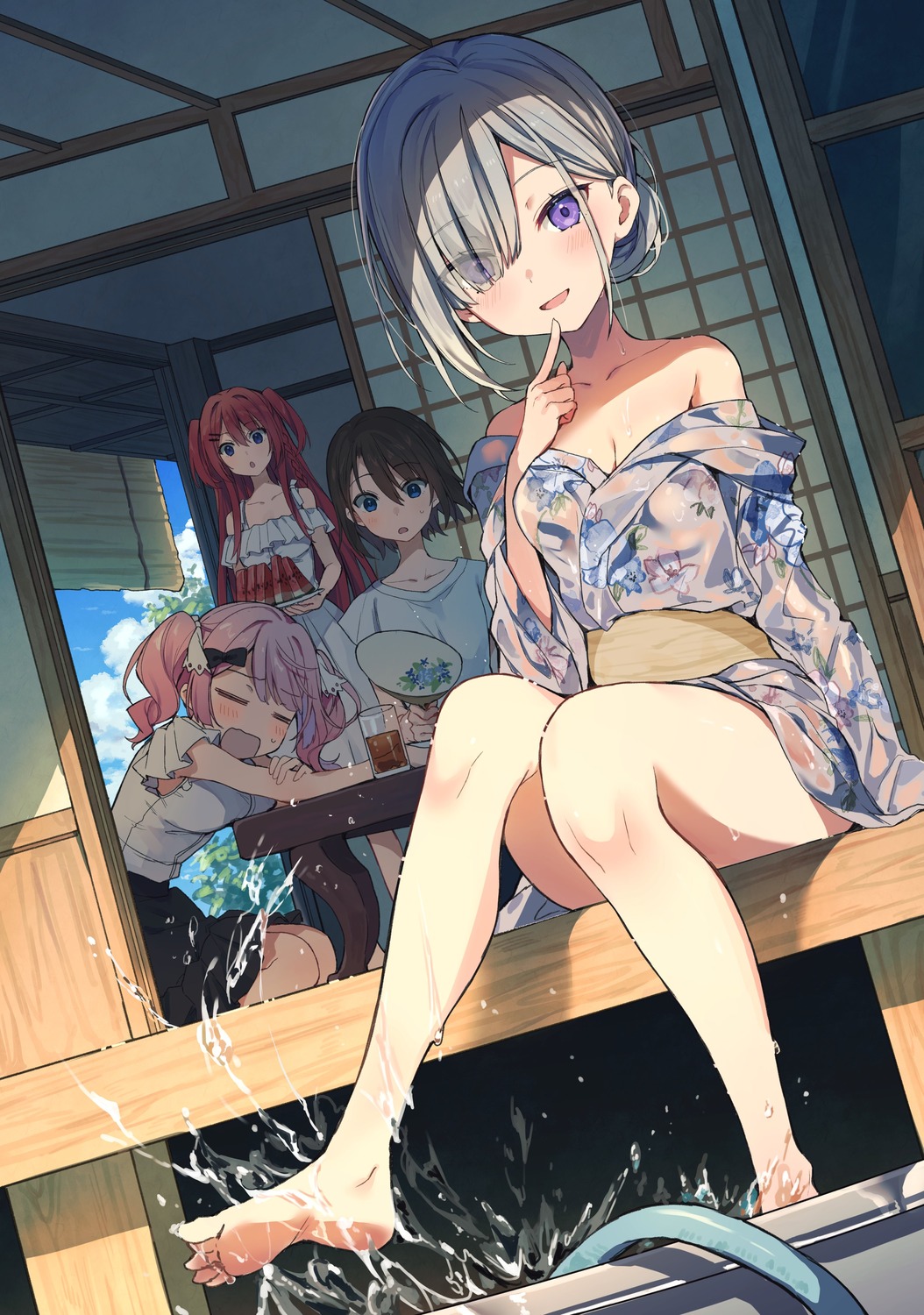 bcoca, cleavage, dress, elf_wa_yoru_wo_omachikane, gothic_lolita, lolita_fashion, open_shirt, summer_dress, wet, wet_clothes, yukata