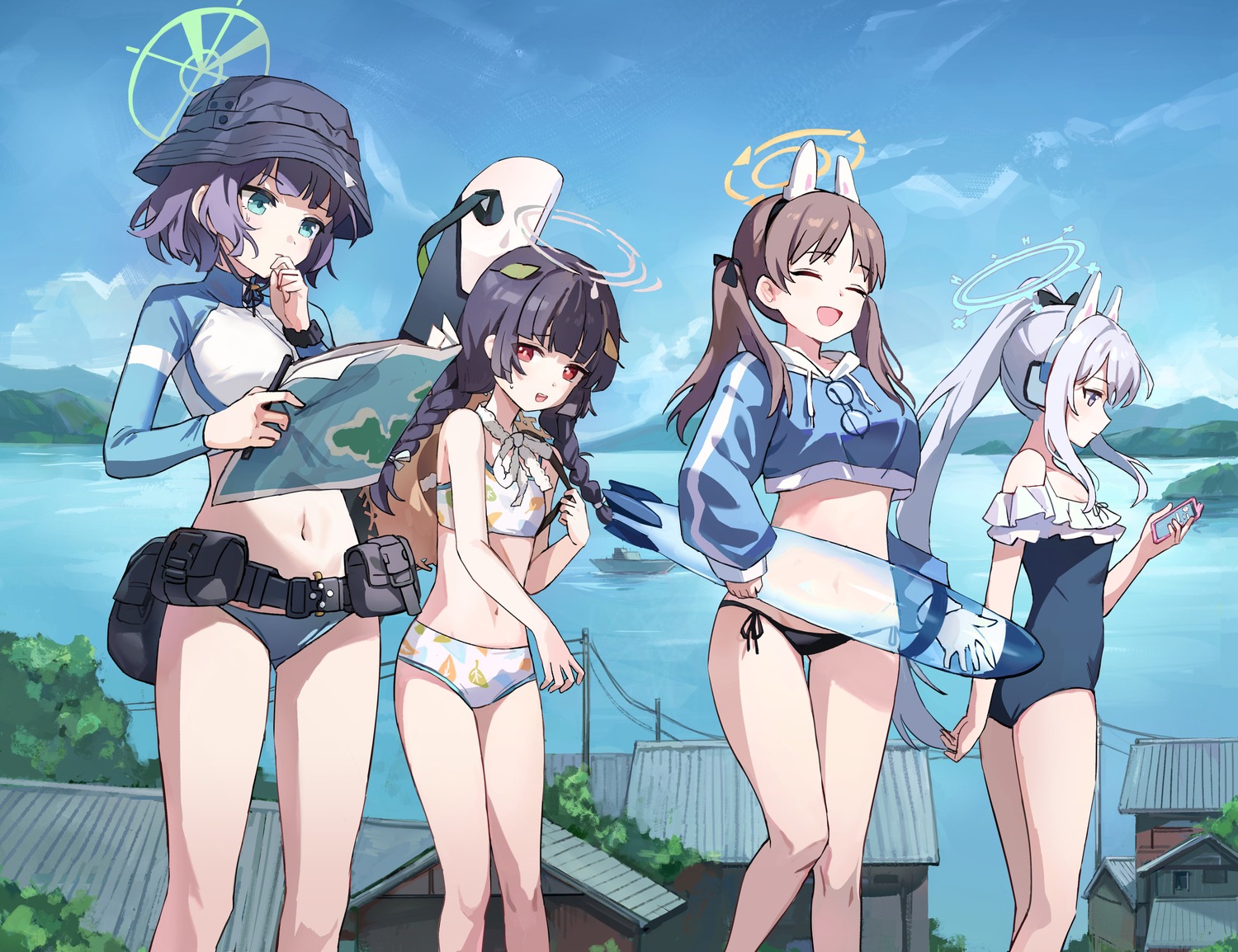 animal_ears, bikini, blue_archive, bunny_ears, gym_uniform, halo, headphones, kasumizawa_miyu