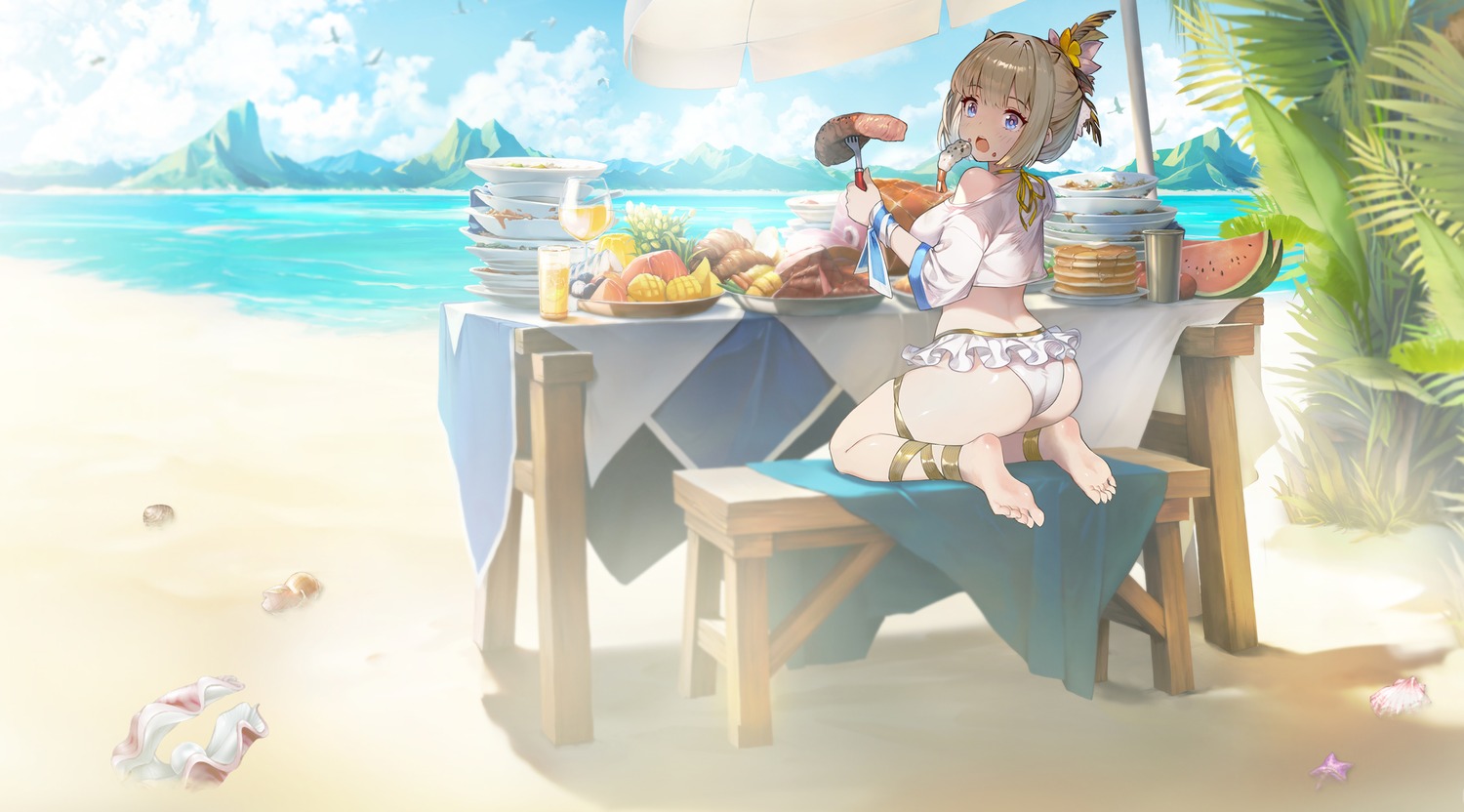 ass, bikini, brown_dust_ii, cream, feet, garter, justia, origami, swimsuits, thong