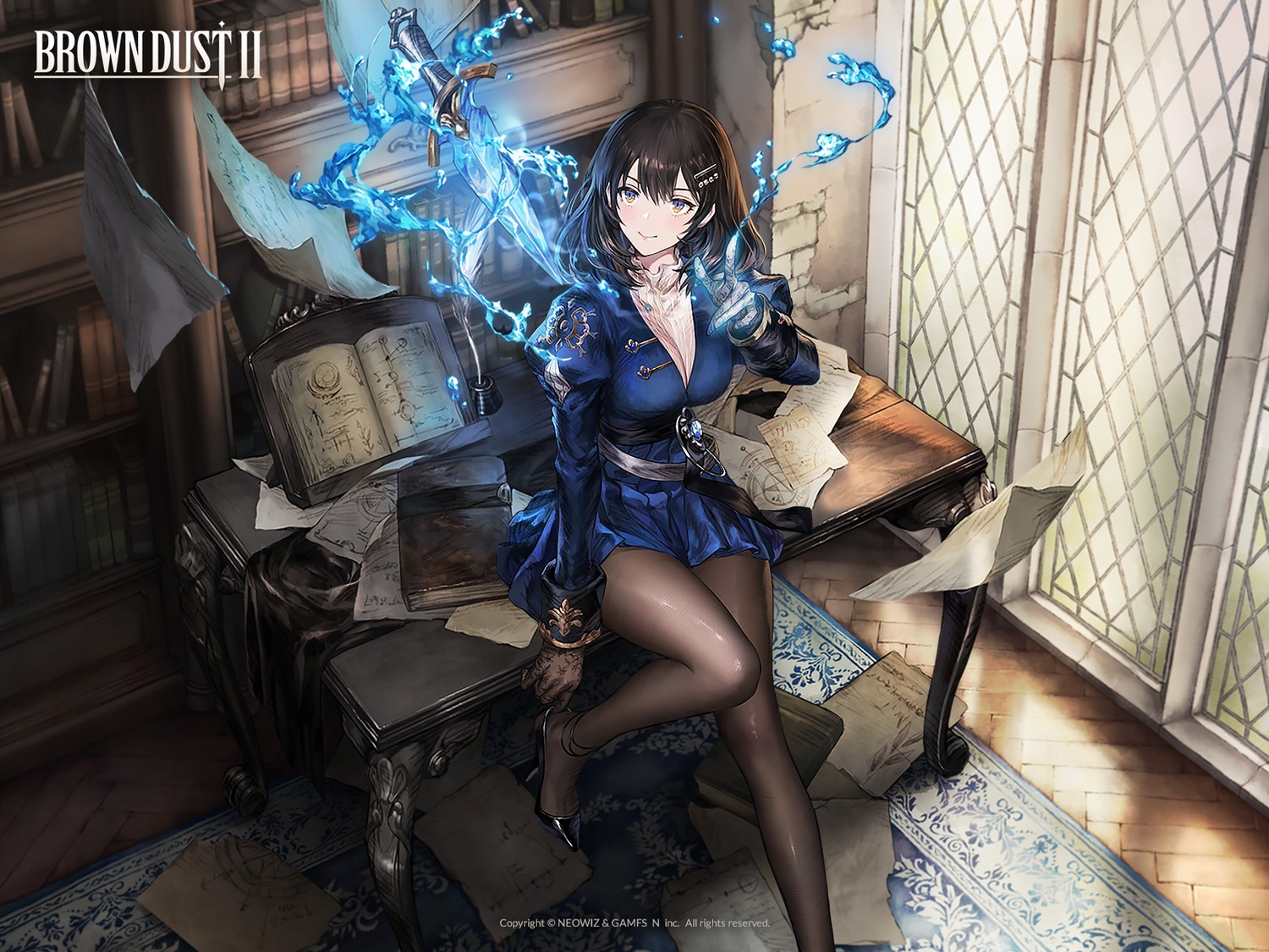 brown_dust_ii, heels, origami, pantyhose, scheherazade_(brown_dust_ii), wallpaper, weapon