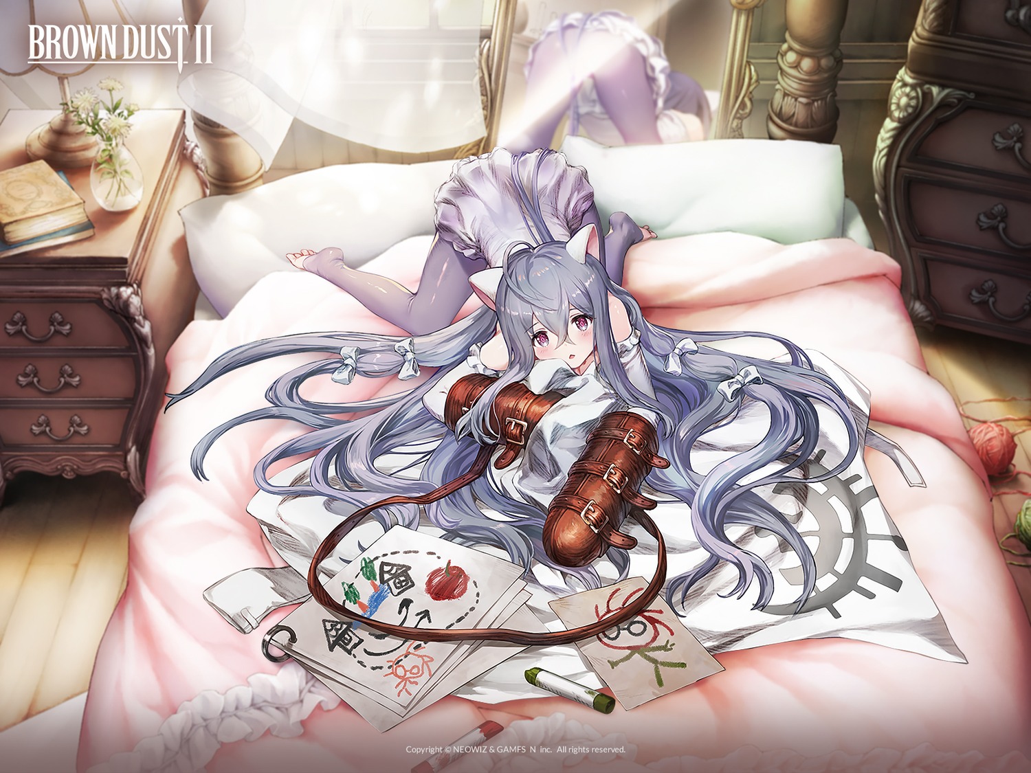 animal_ears, bondage, brown_dust_ii, nekomimi, origami, pantyhose, rou_(brown_dust_ii), skirt_lift, wallpaper