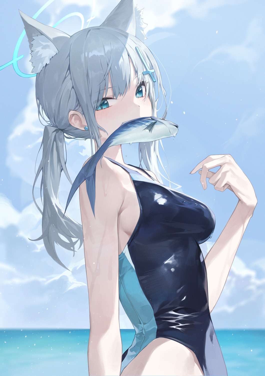 animal_ears, blue_archive, halo, nekomimi, sb_lama, sunaookami_shiroko, swimsuits, wet