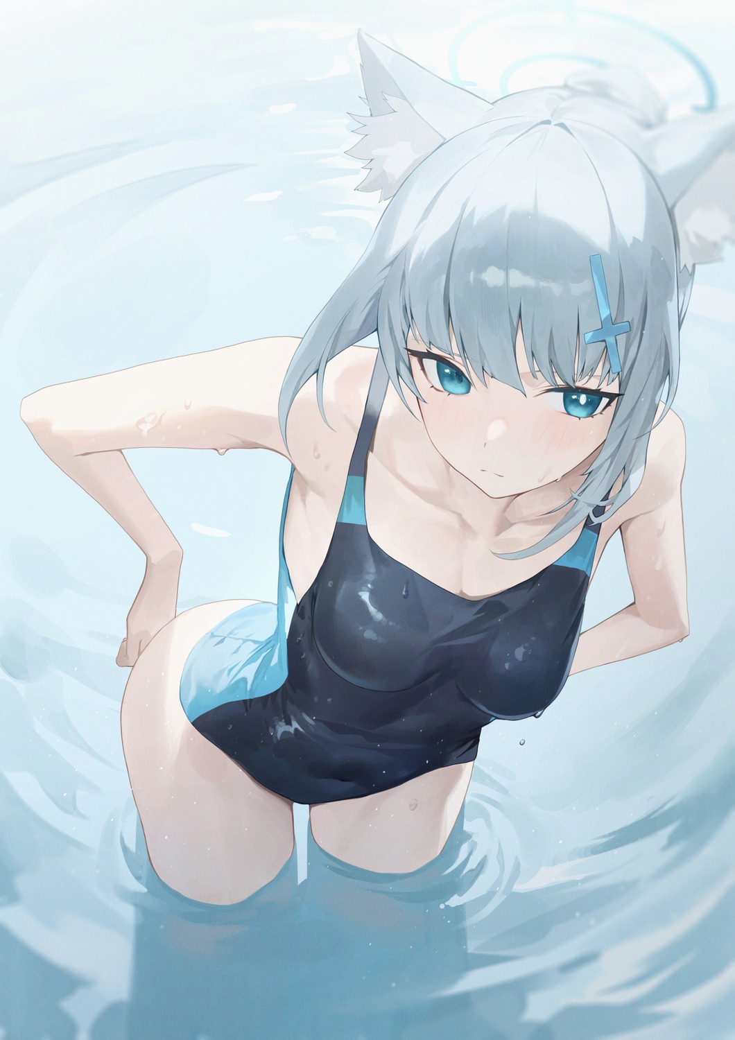 animal_ears, blue_archive, halo, nekomimi, sb_lama, sunaookami_shiroko, swimsuits, wet