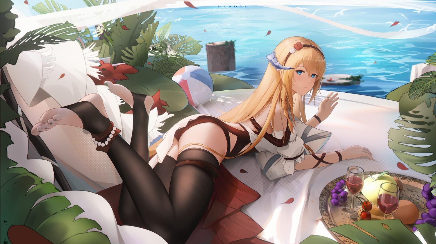 arknights, feet, garter, horns, lingse, saileach_(arknights), swimsuits, thighhighs