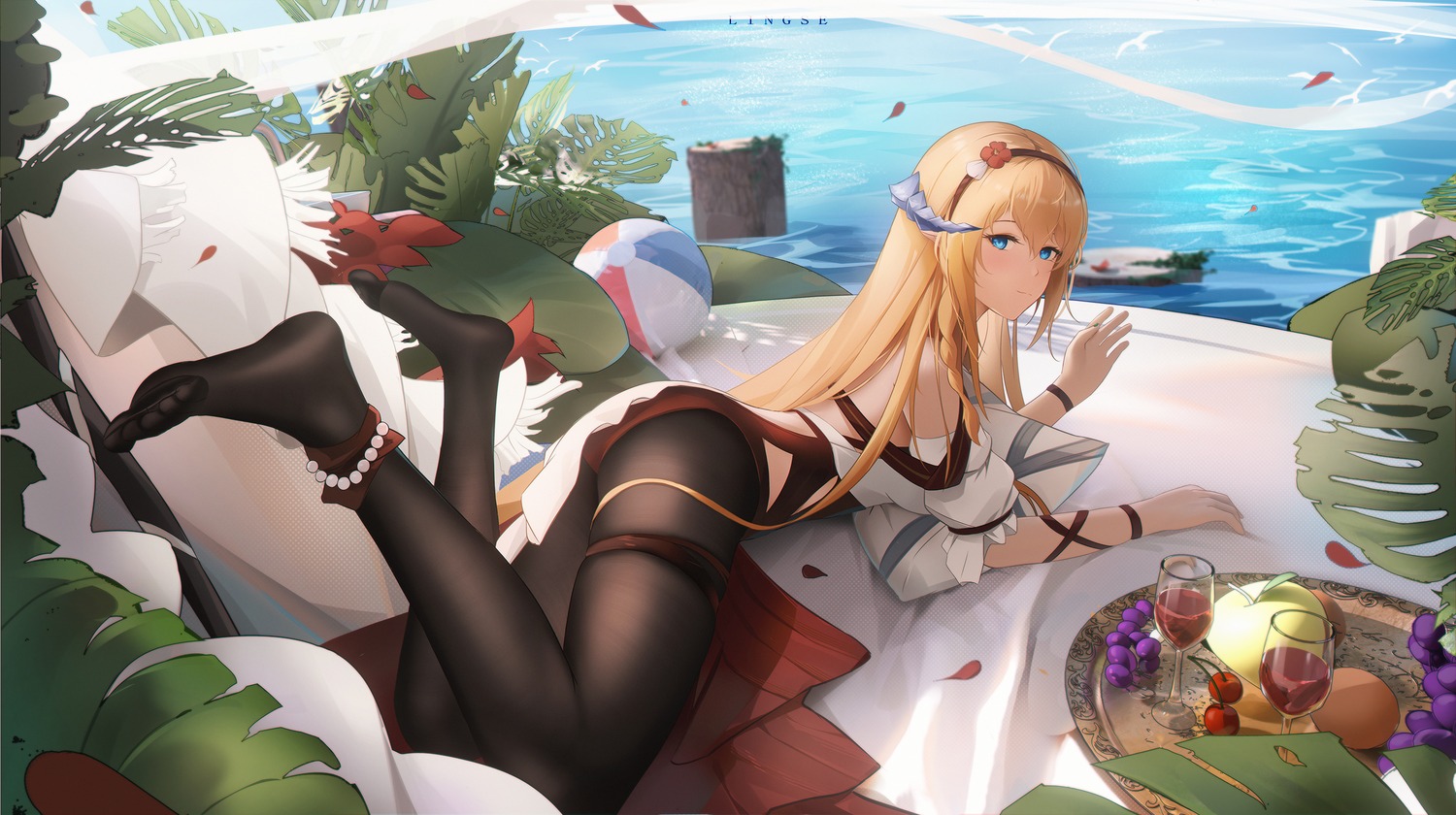 arknights, feet, garter, horns, lingse, pantyhose, saileach_(arknights), swimsuits