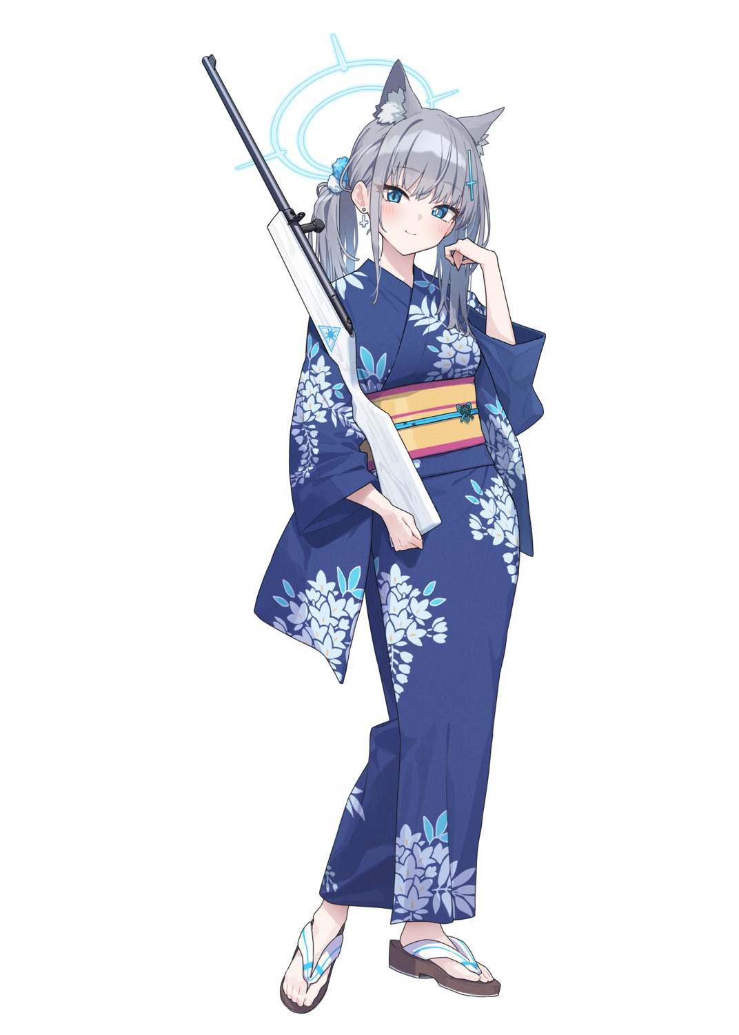 animal_ears, baffu, blue_archive, gun, halo, nekomimi, sunaookami_shiroko, yukata