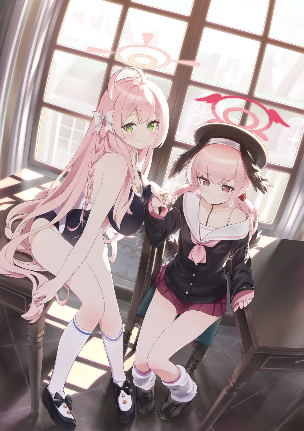 blue_archive, halo, seifuku, shimoe_koharu, swimsuits, tamanegi_(12030028), urawa_hanako, wings