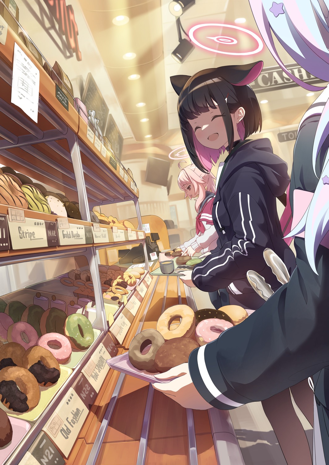 animal_ears, blue_archive, halo, kyouyama_kazusa, nekomimi, pantyhose, seifuku, sweater, tamanegi_(12030028), uzawa_reisa, yutori_natsu