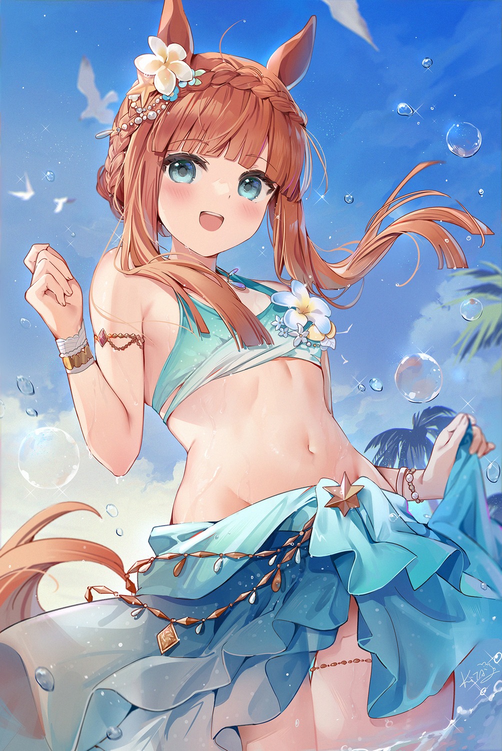 animal_ears, bikini, garter, kita_(kitairoha), silence_suzuka_(umamusume), skirt_lift, swimsuits, uma_musume_pretty_derby