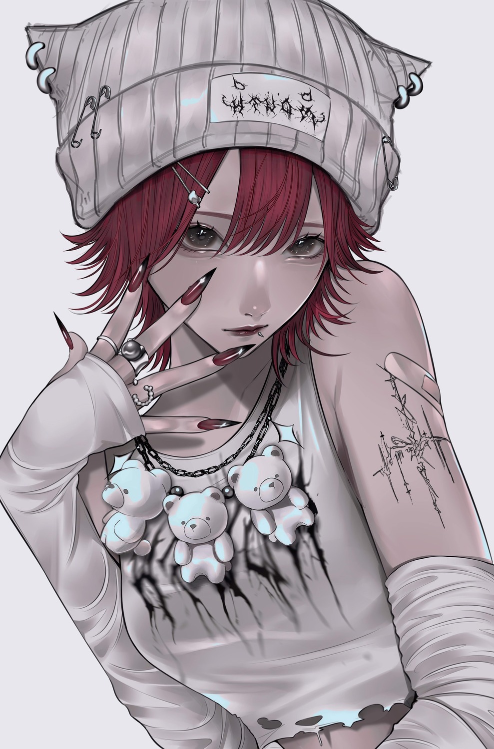 animal_ears, bandaid, mano_mouth, nekomimi, tattoo, torn_clothes
