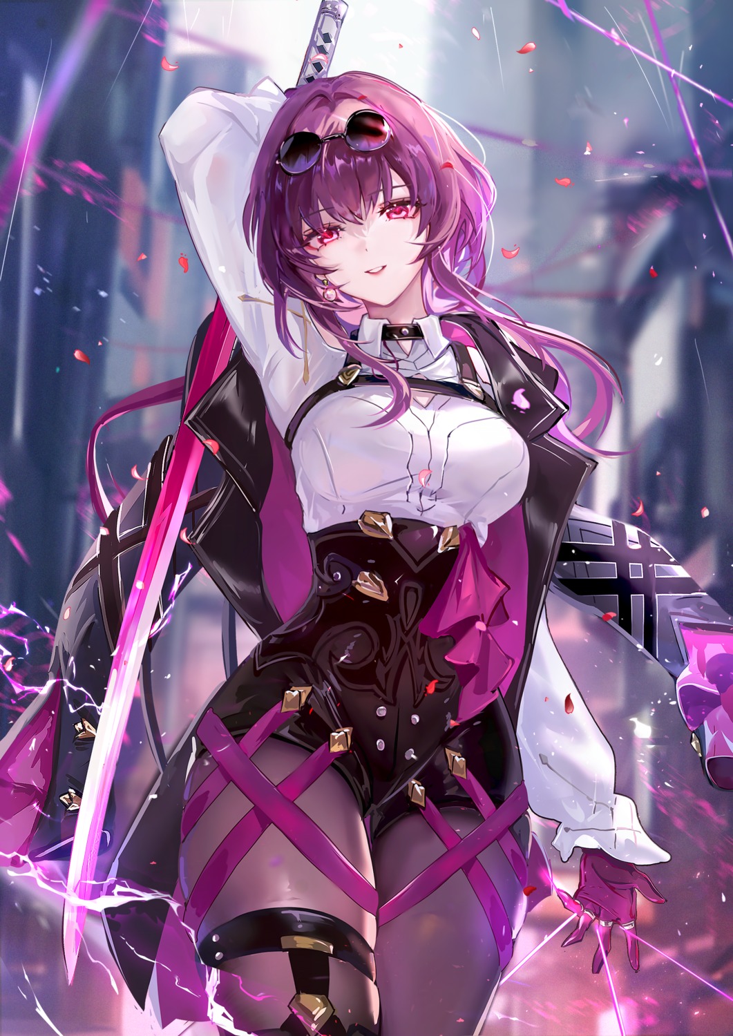 garter, honkai:_star_rail, kafka_(honkai:_star_rail), megane, pantyhose, sword, vardan
