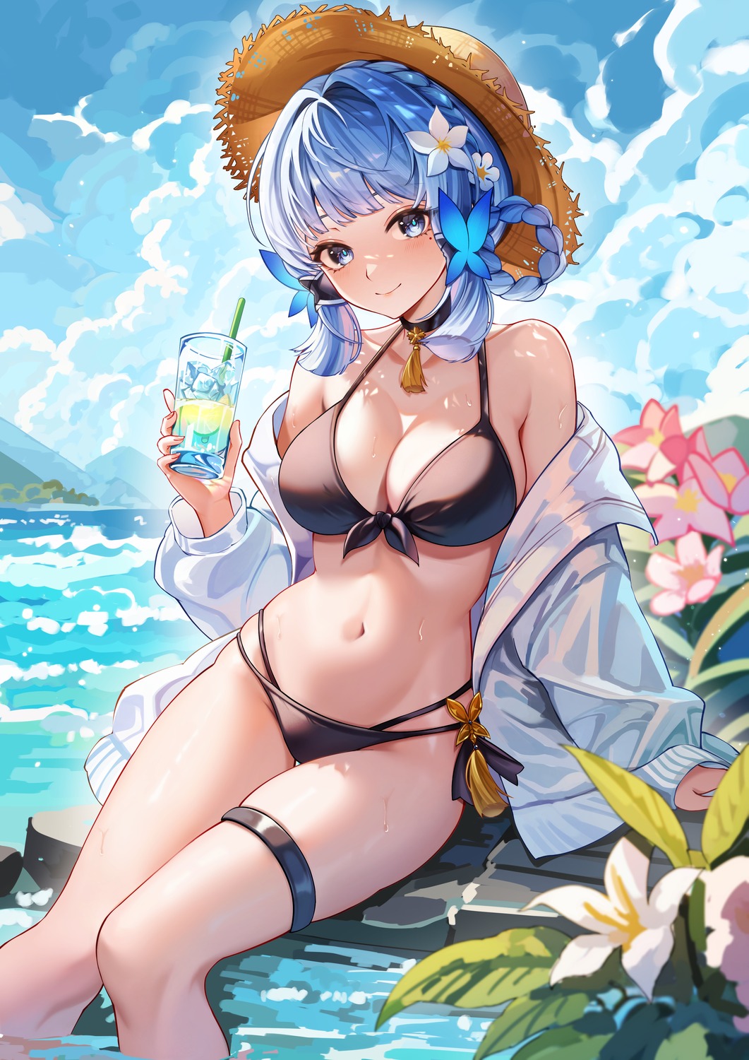 bikini, chen_ying_(alan-yut), garter, genshin_impact, kamisato_ayaka, open_shirt, swimsuits