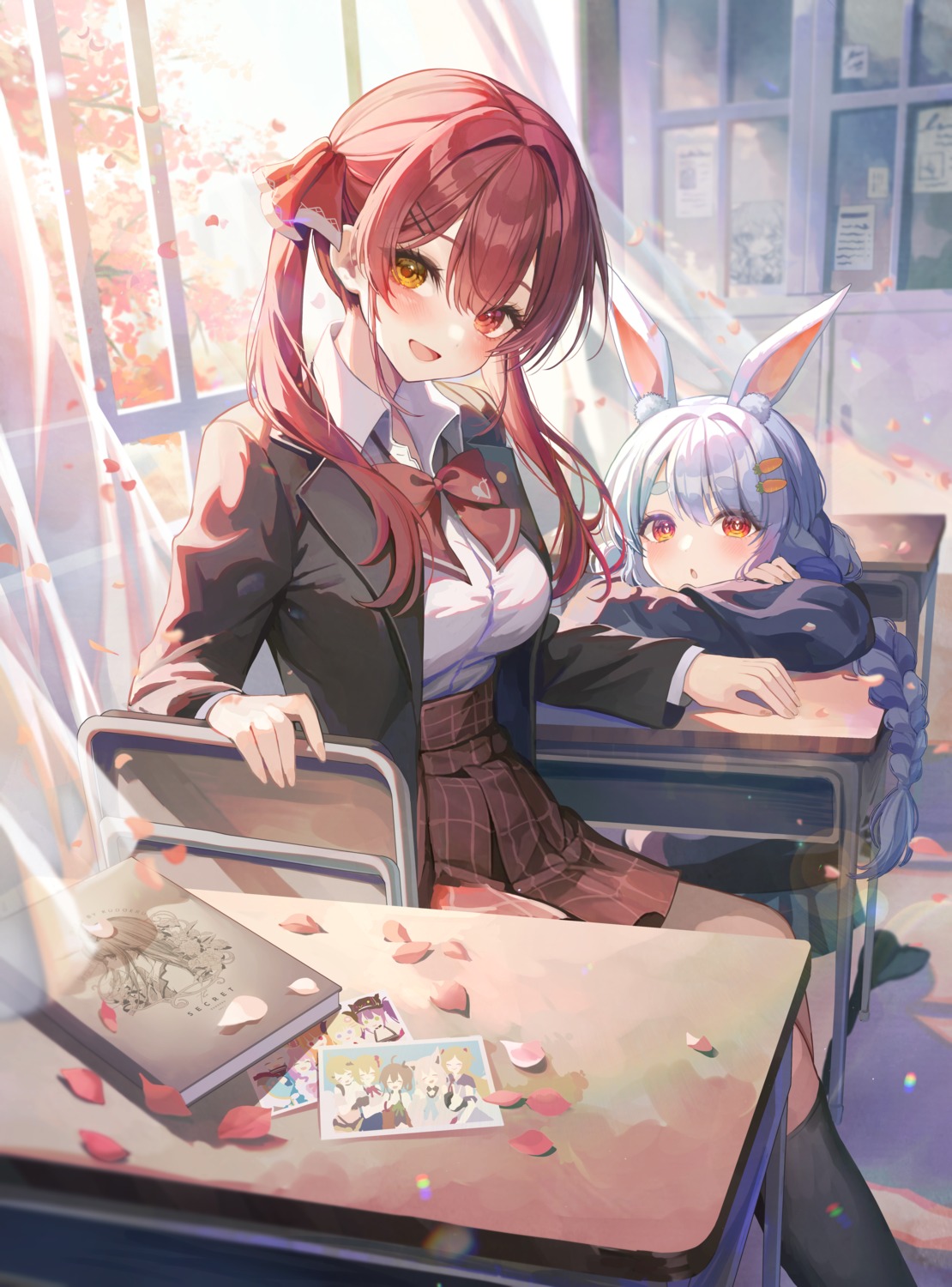 animal_ears, bunny_ears, heterochromia, hololive, houshou_marine, kudou_eru, seifuku, usada_pekora