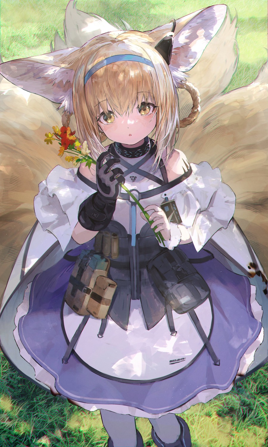 animal_ears, arknights, dress, kitsune, pantyhose, shirataki_jiro, suzuran_(arknights), tail