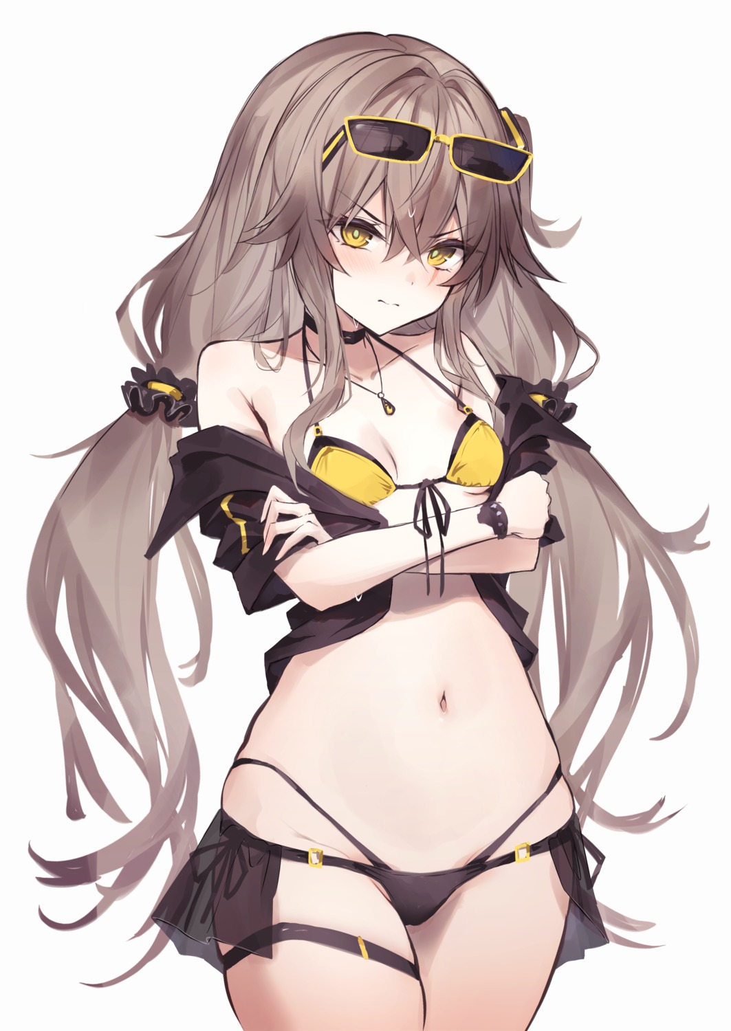 bikini, bikini_top, diieru, garter, girls_frontline, megane, open_shirt, see_through, swimsuits, thong, ump45_(girls_frontline)