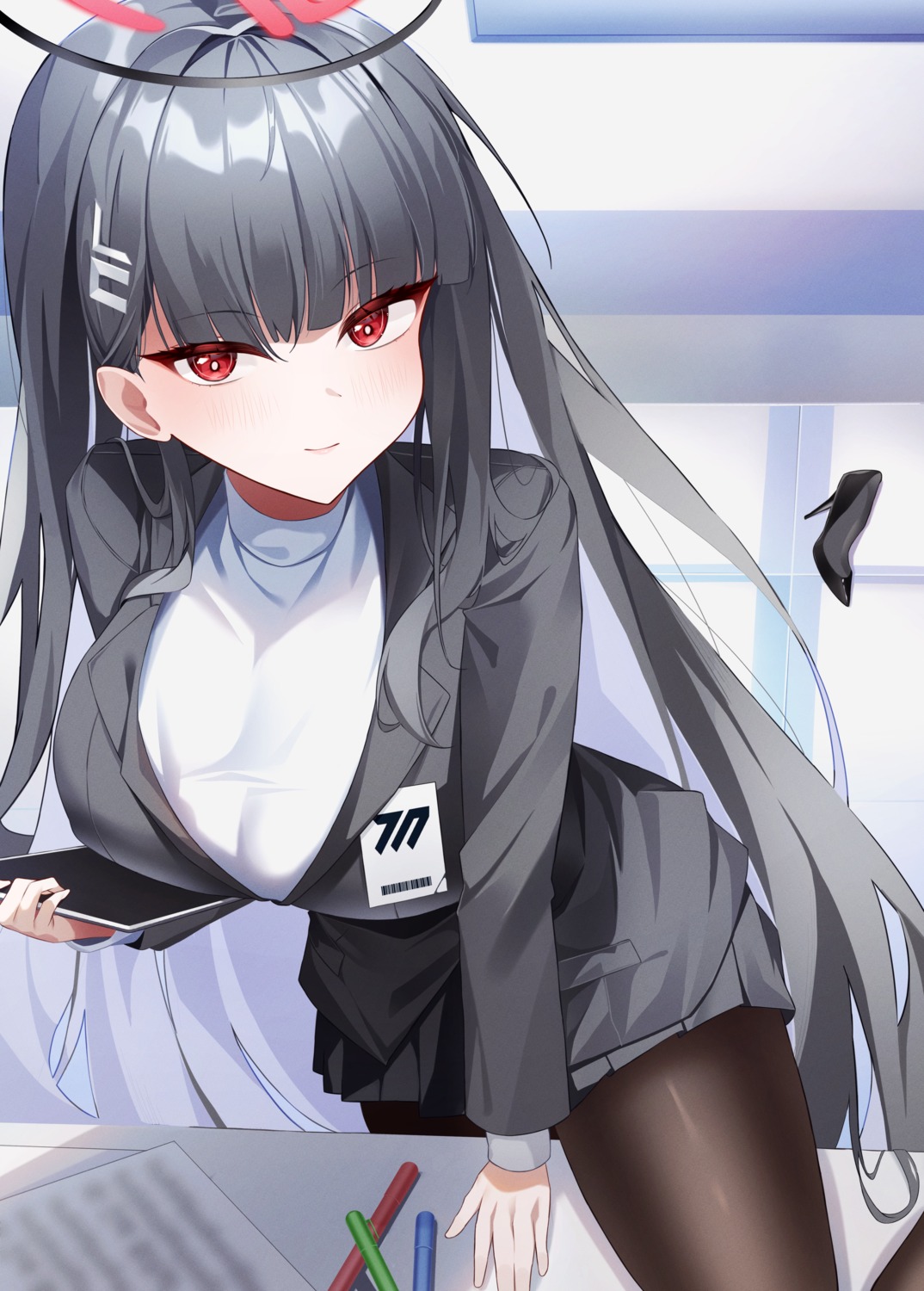 blue_archive, business_suit, halo, heels, k_cyp, pantyhose, sweater, tsukatsuki_rio