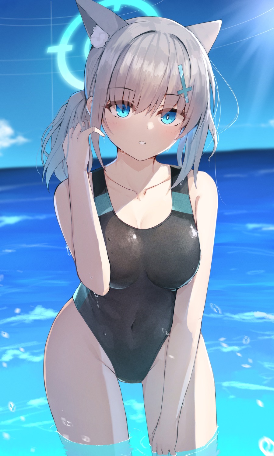 animal_ears, blue_archive, halo, nekomimi, nodoameyatou, sunaookami_shiroko, swimsuits, wet