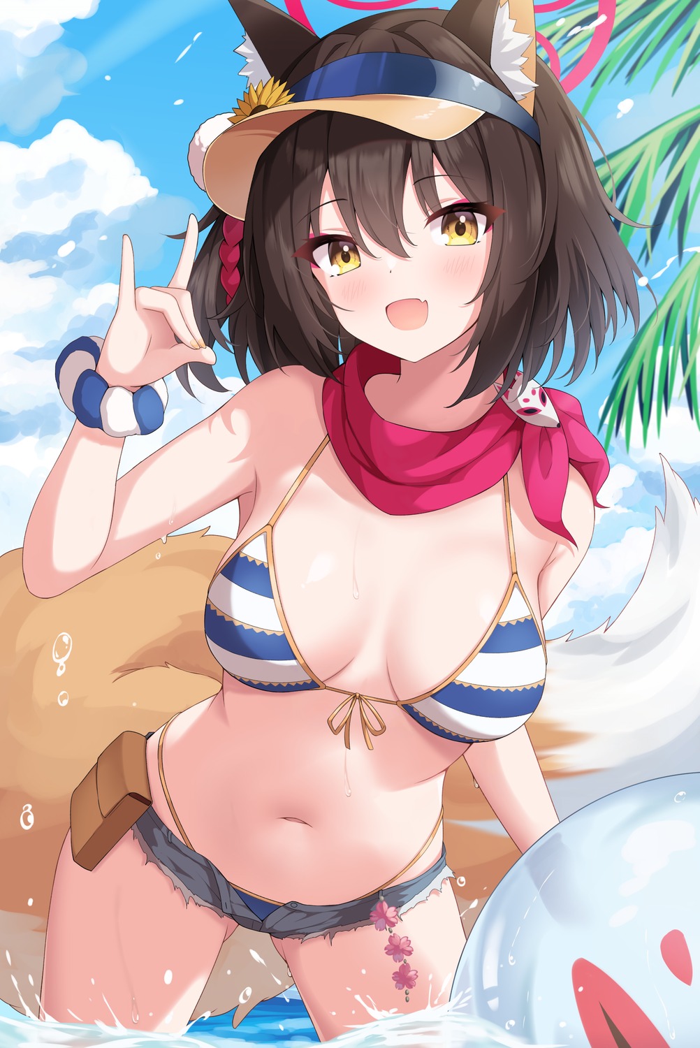 animal_ears, bikini, blue_archive, enru, halo, kitsune, kuda_izuna, swimsuits, tail, wet
